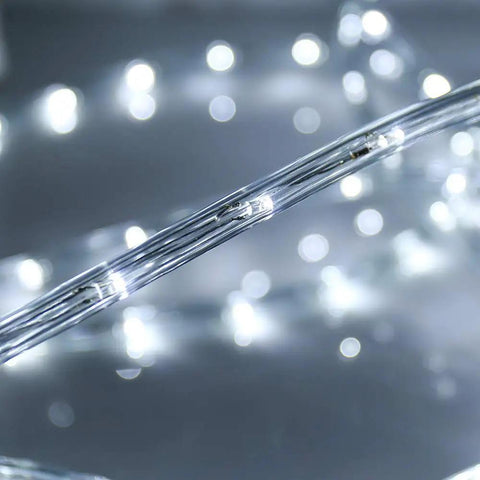 Close-up of 50FT 360 LED Waterproof Rope Lights 110V Connectable Indoor Outdoor White LED Rope Lights For Deck Patio Pool Landscape