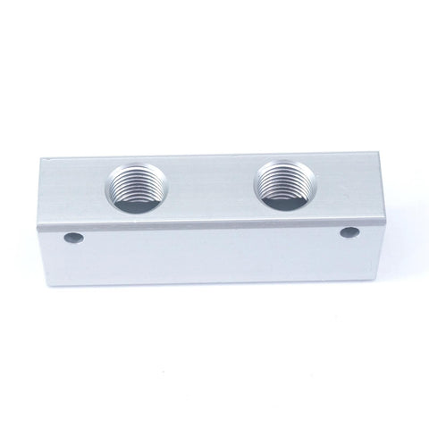 G One Quarter BSP Port 2 Way 4 Port Pneumatic Aluminum Manifold Block Splitter shown horizontally, featuring two visible threaded ports.