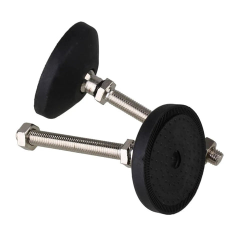 Adjustable Furniture Leveler Feet With Smart Tilt And Easy Height Trim To Knock Out Wobbles And Keep Your Setup Rock Solid On Bumpy Floors Carbon Steel Nylon Glide Pads M12 Thread Set Of 4 close-up of leveling feet with rubber pads and metal screws.