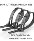 Releasable Reusable 12 Inch Heavy Duty Zip Ties Black Nylon Cable Ties 100 Pack With 50 Lb Tensile Strength for Multi Purpose Use.