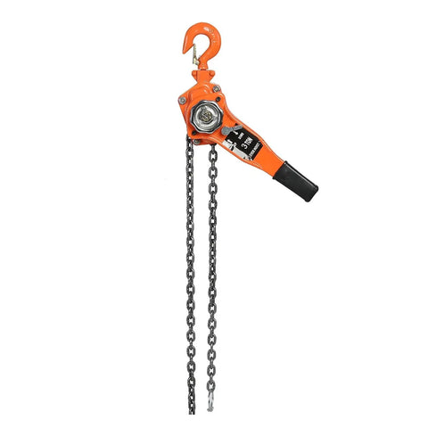 Heavy Duty 3 Ton Lever Hoist Pulley Chain Block For Serious Lifting Jobs Comes With 3M Chain And Sweet Ratchet Gear In Bright Orange Color, showing hooks and chains.