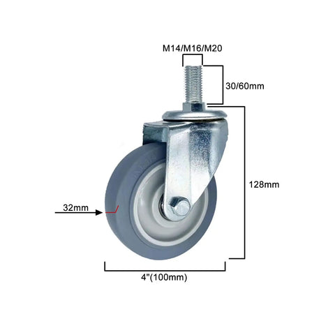 Heavy Duty Caster Wheels With Brakes, Swivel TPR Rubber Casters For Furniture, Workbenches, And Carts, threaded stem mount