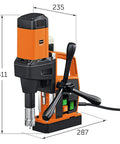 Heavy Duty Magnetic Base Drill Built Tough For One Quarter Inch Steel Cuts showing specifications and compact design for easy use.