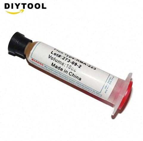Solder Paste 10cc Flux Grease RMA223 syringe for PCB repair, labeled, black cap, angled view. For chips, computers, phones, LEDs.