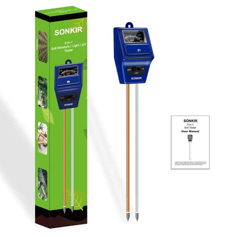 3 In 1 Soil Moisture Light And PH Tester For Garden And Lawn, tool with packaging and manual