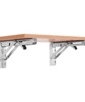 Heavy Duty Stainless Steel Shelf Brackets 2 Pack Bright Silver Folding Wall Mounts supporting a wooden shelf.