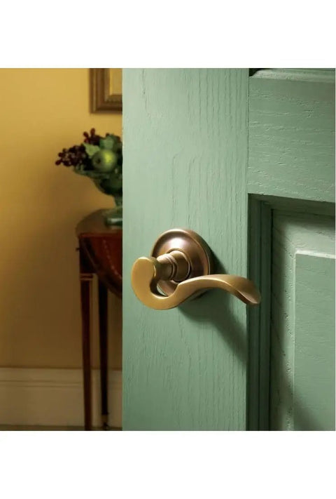 Estate Door Lever and Rose Knob Set for a Customizable Home Hardware Upgrade on a green door, side view