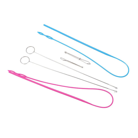 Six Piece Rope Threading Tool Set For Sewing And DIY Knitting With Stainless Steel Tools And Silicone Turner Handy And Easy To Use Versatile Threader For Drawstrings Closures Belts Button Loops And Projects, blue and pink cords