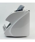 Heavy Duty Electronic Money Counter For Multi Currency With Straight Up Anti Counterfeit Detection and Automatic Serial Number Tracking Plus Badass Bill Verifier side view showing sleek design and capacity.
