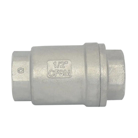 Side view of 1/2 in CF8M stainless steel inline check valve