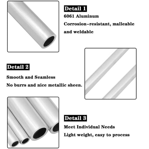 Three views of 6061 Aluminum Tubing 12 Inch Seamless Round Tube Five Sixteen Inch Outer Diameter By One Quarter Inch Inner Diameter With One Millimeter Wall Heavy Duty For DIY Projects Furnishings Decorations Crafts And Industrial Use; includes details of smoothness, seamlessness, and corrosion resistance.