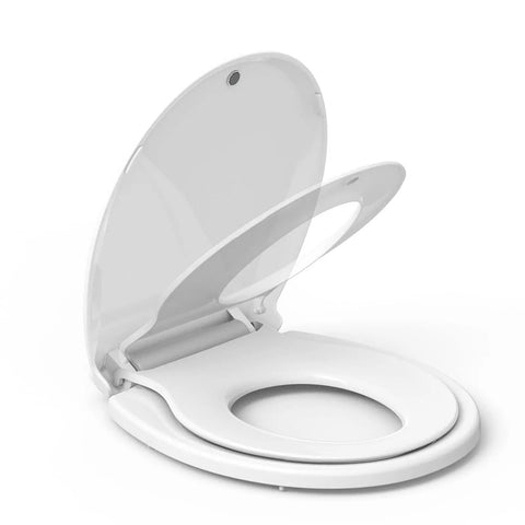 Round Toilet Seat With Built In Toddler Seat For Potty Training Fits Adults And Kids Slow Close Quiet Lid With Magnets Easy Install Durable Comfort For Family Bathrooms, showing open adult and toddler seat