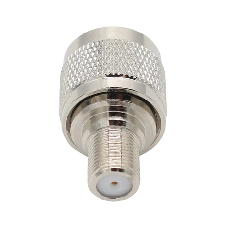 Close-up of UHF SO239 Male To F Type Antenna Adapter showing nickel plating and threaded connector