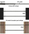 Diagram of stainless steel cable railing hardware kit for one-eighth inch cable system hidden mount with black turnbuckle tensioners.