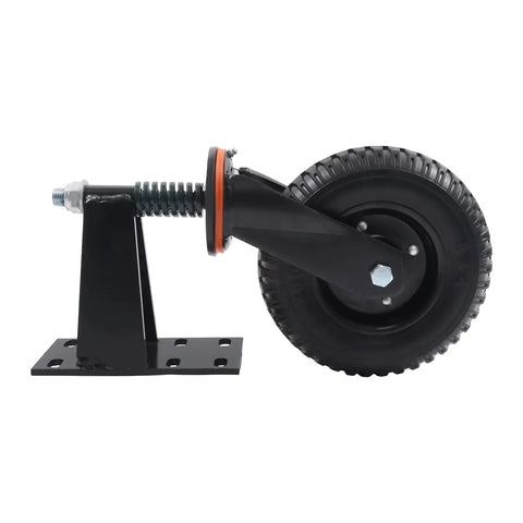 Ultra Heavy Duty 8 Inch Fence Gate Roller, Rock Solid 600 Lb Steel Core Caster With Quiet Rubber Tread, side view of gate wheel with steel bracket.