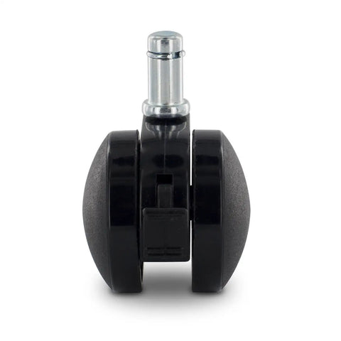 Built Tough 2 Inch Black Twin Wheel Swivel Furniture Casters With Brake Rolls Smooth And Loads Solid For Couches And Display Shelves Quick Lock Stop Fits 7 16 By 7 8 Inch Friction Stem Cup Easy Setup Pack Of 4, close-up of black swivel caster with brake.