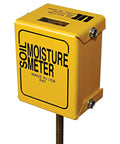 24 Inch Brass Soil Moisture Meter Probe With Top Mounted Display Calibrate Before Use For Accurate Readings Across All Soil Types Battery Powered With AA Cells The Smart No Fuss Way To Water Your Garden showing yellow top-mounted display housing