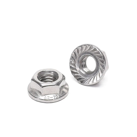 M8 Serrated Hex Flange Lock Nuts, 25 Pack, 304 Stainless Steel, showing serrated edge and hex design