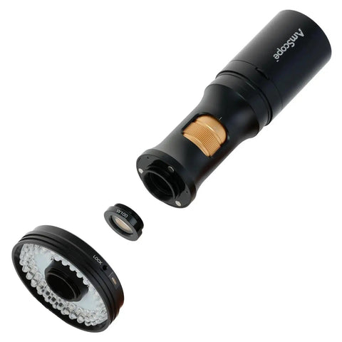 1080p HDMI All In One Digital Microscope With Zoom Optics On Double Arm Boom Stand 0.7x To 11.2x Magnification DM756H2D-DAB Great For DIY Projects, Education, Lab Work, And Nerdy Detail Inspections. Black HDMI digital microscope lens and LED ring light components