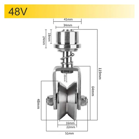Built Tough 304 Stainless Steel Sliding Gate Caster Wheel Featuring Spring Shock Absorption Universal Rotating V Groove Pulley dimensions showing inches and millimeters.