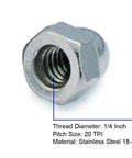 Close-up of 1/4-20 Acorn Cap Nuts 304 Stainless Steel 18-8 Bright Finish, showing thread detail and material specs.