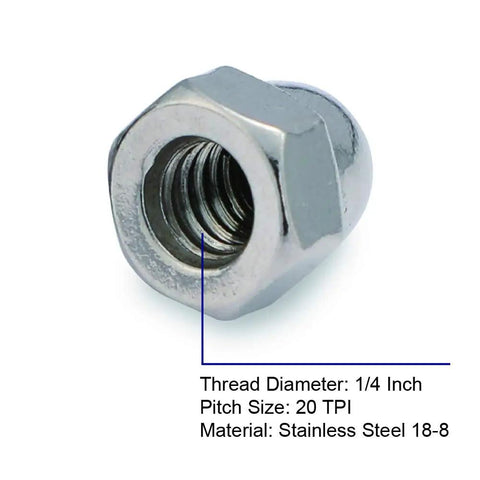 Close-up of 1/4-20 Acorn Cap Nuts 304 Stainless Steel 18-8 Bright Finish, showing thread detail and material specs.