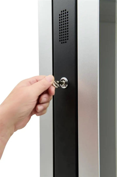 Person using a key to unlock the black front panel of the Kick Up Your Digital Vibes With This Dual Side Interactive Touch Screen Kiosk.