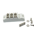 Front view of a white four-position ceramic high-current terminal block with screw terminals and mounting hardware.