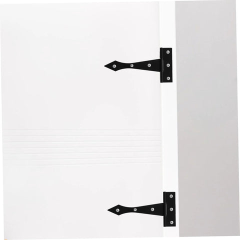 Iron cabinet hinges, tee-style, two black hinges mounted on a white cabinet door
