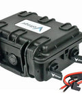 No Nonsense Waterproof Battery Box With Dual SAE Connectors for 12 Volt Gel Or Lithium Packs, rugged black enclosure with cables.
