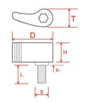 Technical diagram of Red M8x20mm Thumb Screws With Handle Single Wing Rotating Knob Adjustable Stainless Steel 2 Pack.