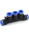 20 Pack 5-Way Pneumatic Push In Tube Fitting Kit For 4 6 8 10 And 12mm Hoses. This Sweet Distribution Manifold Is Total Flex For Your Air Tools And Automation Projects To Get Stuff Done Fast. Perfect For Connecting Lines With A Snap And No black 5-way pneumatic push-in manifold with blue ring fittings