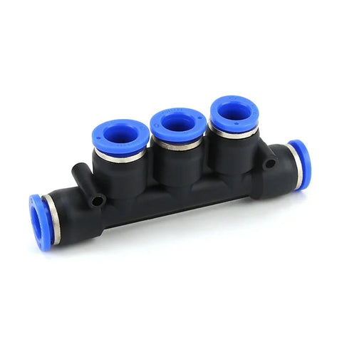 20 Pack 5-Way Pneumatic Push In Tube Fitting Kit For 4 6 8 10 And 12mm Hoses. This Sweet Distribution Manifold Is Total Flex For Your Air Tools And Automation Projects To Get Stuff Done Fast. Perfect For Connecting Lines With A Snap And No black 5-way pneumatic push-in manifold with blue ring fittings