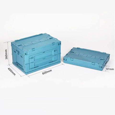 Hella Big Folding Storage Bins With Secure Lid 65L Large Collapsible Truck Bed And Car Trunk Organizer Crate For Camping Groceries Household Closet Shoe Game Changer Clear Blue Plastic Tub dimensions displayed.