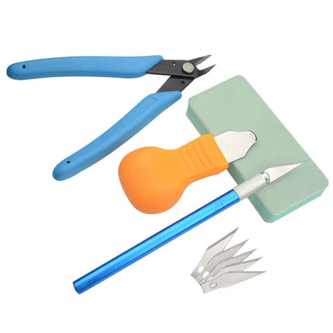 Dope 28 Piece Model Tools Kit For Gundam And Car Model Building, nippers, precision knife, blades, and eraser close-up