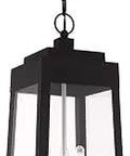 Three Light Outdoor Hanging Lantern With Black Finish And Clear Glass Panels, Industrial Style Exterior Light Fixture