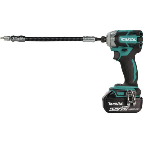 Flexible Impact Bit Holder 12 Inch Built For High Torque Driving Reaches Deep In Tight Spots With Beefy Steel Magnetic Quick Change Design Ergonomic Grip Works With Impact Drivers Ideal For Tight Corners And Tough Fasteners attached to a power tool.