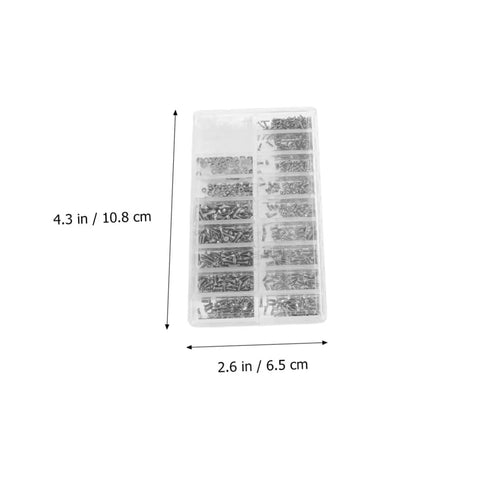 Premium Stainless Steel Micro Screw Kit With Tiny Screwdriver And Tweezers in clear storage box, 1000 assorted screws, dimensions shown.