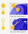 Gas can vent caps in yellow, shown installed on a blue container; two design options, labeled A and B.