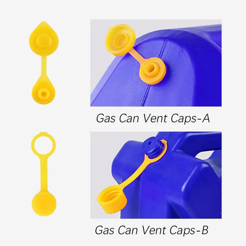 Gas can vent caps in yellow, shown installed on a blue container; two design options, labeled A and B.