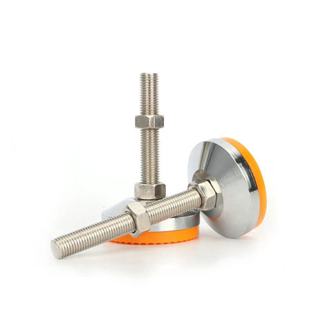 4 Adjustable Leveling Feet For Furniture And Cabinets Heavy Duty Plated Steel Swivel Levelers Built To Stop Wobble And Vibration Easy Install For Tables Workbenches Shelves And Bookcases plated steel feet with orange base and threaded bolts