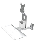 Heavy Duty Monitor Arm Rack With Swing Away Keyboard Tray For Ultimate Desk Organization solid silver steel frame with tray and cup