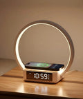 Bedside Lamp With Alarm Clock And Wireless Charger, Sunrise Wake Up Light on wooden nightstand, modern circular design