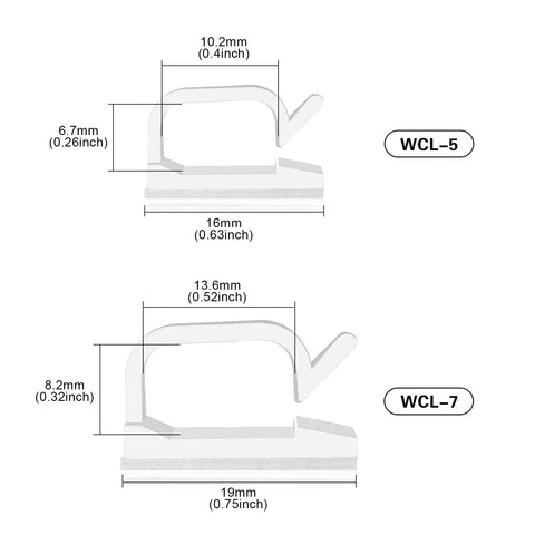 Dimensions of WCL-5 and WCL-7 adhesive cable clips with size details for 5/8 Inch Adhesive Cable Clips White Pack Of 60 Heavy Duty Nylon Cable Management Clips For Under Desk Car Wall TV PC Ethernet USB And Outdoor Lights Ideal For USB Cables Ethernet Cables And LED Strips.