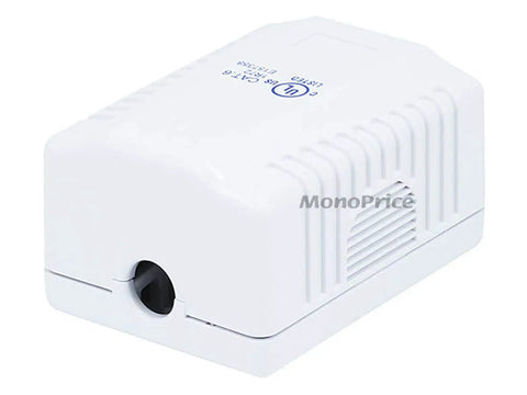 Cat6 RJ45 Surface Mount Wall Box Single Port With Dual IDC Punch Down Blocks UL Listed TAA Compliant White heavy duty shell view.