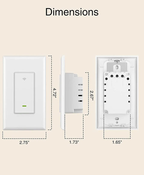 Three Way Smart Switch Four Pack With Voice And App Control, Requires Neutral Wire, Flame Retardant Material, 2.4GHz WiFi, dimensions display