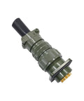 MS3108 MIL-C circular connector plug in olive-green housing with knurled rings and gold pins (angled view)