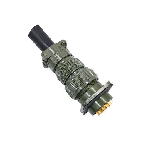 MS3108 MIL-C circular connector plug in olive-green housing with knurled rings and gold pins (angled view)