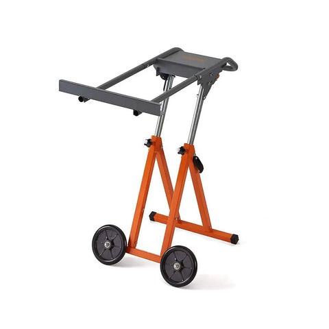 Next Gen Panel Carrier and Panel Dolly, Table Saw Feed Stand with Adjustable Height, showing frame and wheels, side view