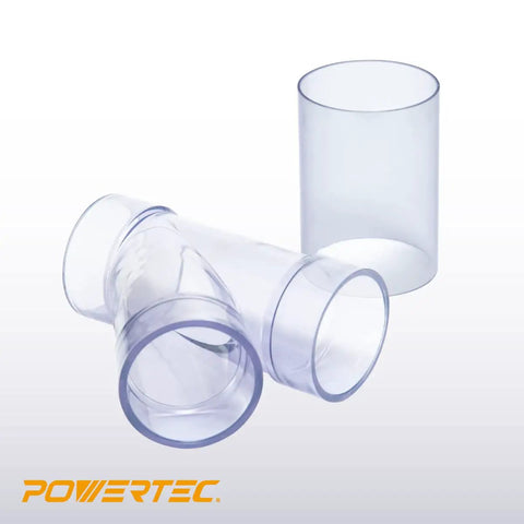 Two-Pack 2-1/2 Inch ID Y Fittings For 2-1/2 Inch OD Dust Collection Pipes With Built-In Couplers And Splices, transparent view